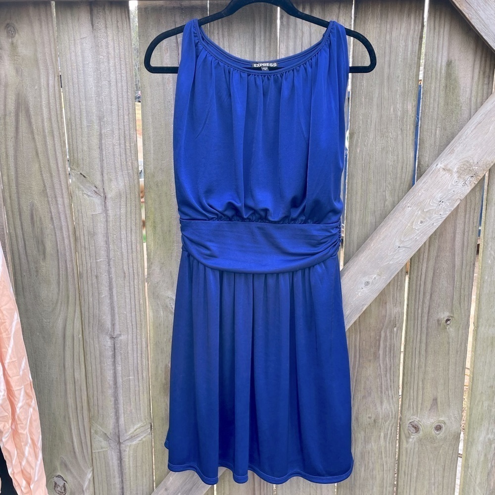 Express Satin Blue Scoop Neck Drapey Flowy Cut Mini Dress